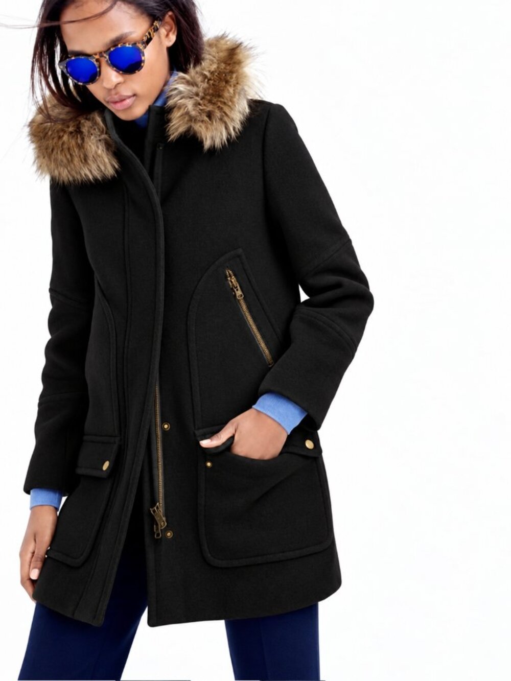 J. CREW Chateau Parka Italian Stadium Cloth Wool Pea Coat Black Gold Sz 8 Winter